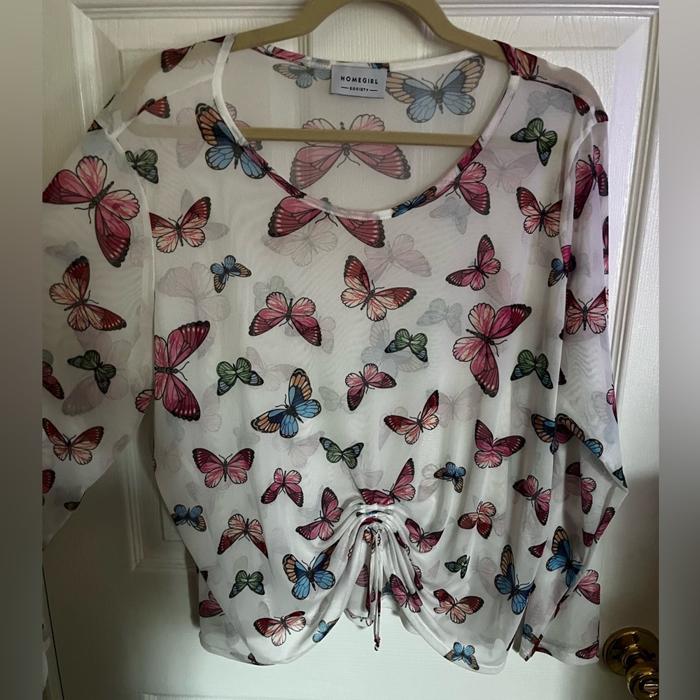 butterfly see through long sleeves blouse XL